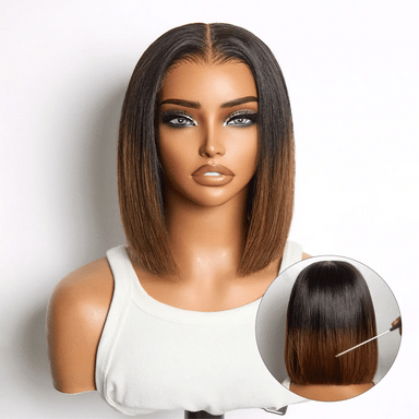 Halo Hair Style All-Day Comfort Wig Ombre Brown Silky Blunt Cut Bob Glueless 7x6 Closure HD Lace Wig Pre-Cut Lace