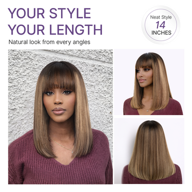 Beginner Friendly Honey Blonde Highlight Yaki Blunt Cut Bob Glueless Minimalist Lace Bob Wig with Bangs