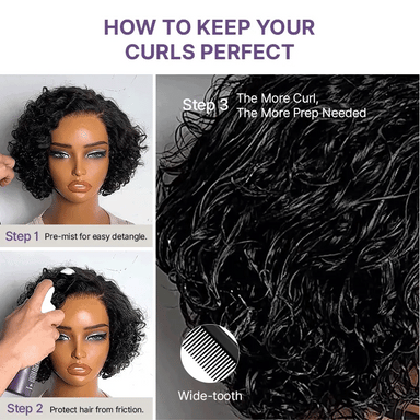Natural Black / Brown Highlight Water Wave Pixie Cut Glueless Minimalist HD Lace Short Curly Wig
