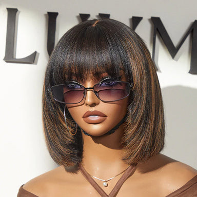 Special Offer | Put On and Go Brown Highlight / Natural Black Layered Cut Yaki Straight Minimalist Lace Bob Wig with Bangs