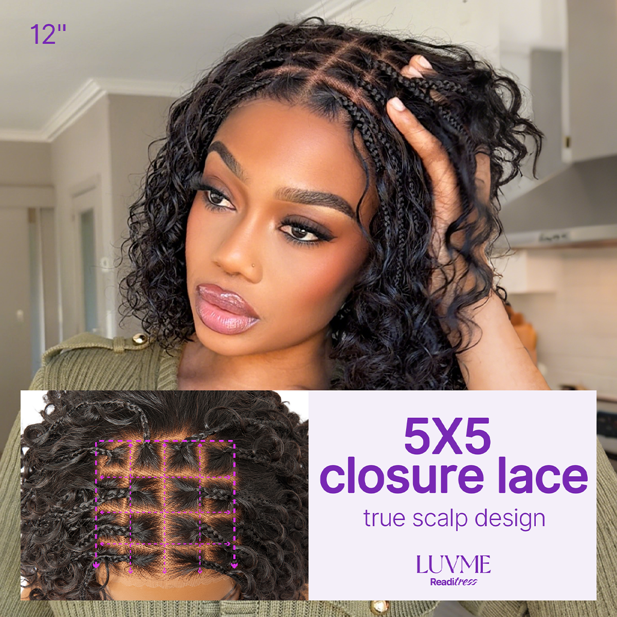 Readitress Boho Braids Deep Curly Glueless 5x5 Closure Lace with Braided Top Human Hair Wig Pre-Cut Lace