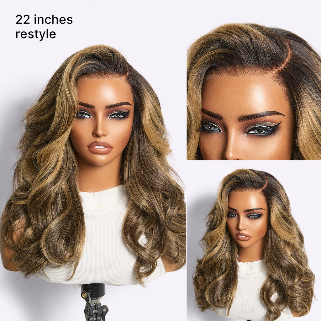 Halo Hair Style All-Day Comfort Wig 180% Density Blonde Highlight Butterfly Cut Layered Light Yaki Straight Glueless 7x6 Closure HD Lace Wig Pre-Cut Lace