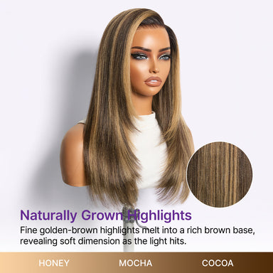 Halo Hair Style All-Day Comfort Wig 180% Density Blonde Highlight Butterfly Cut Layered Light Yaki Straight Glueless 7x6 Closure HD Lace Wig Pre-Cut Lace