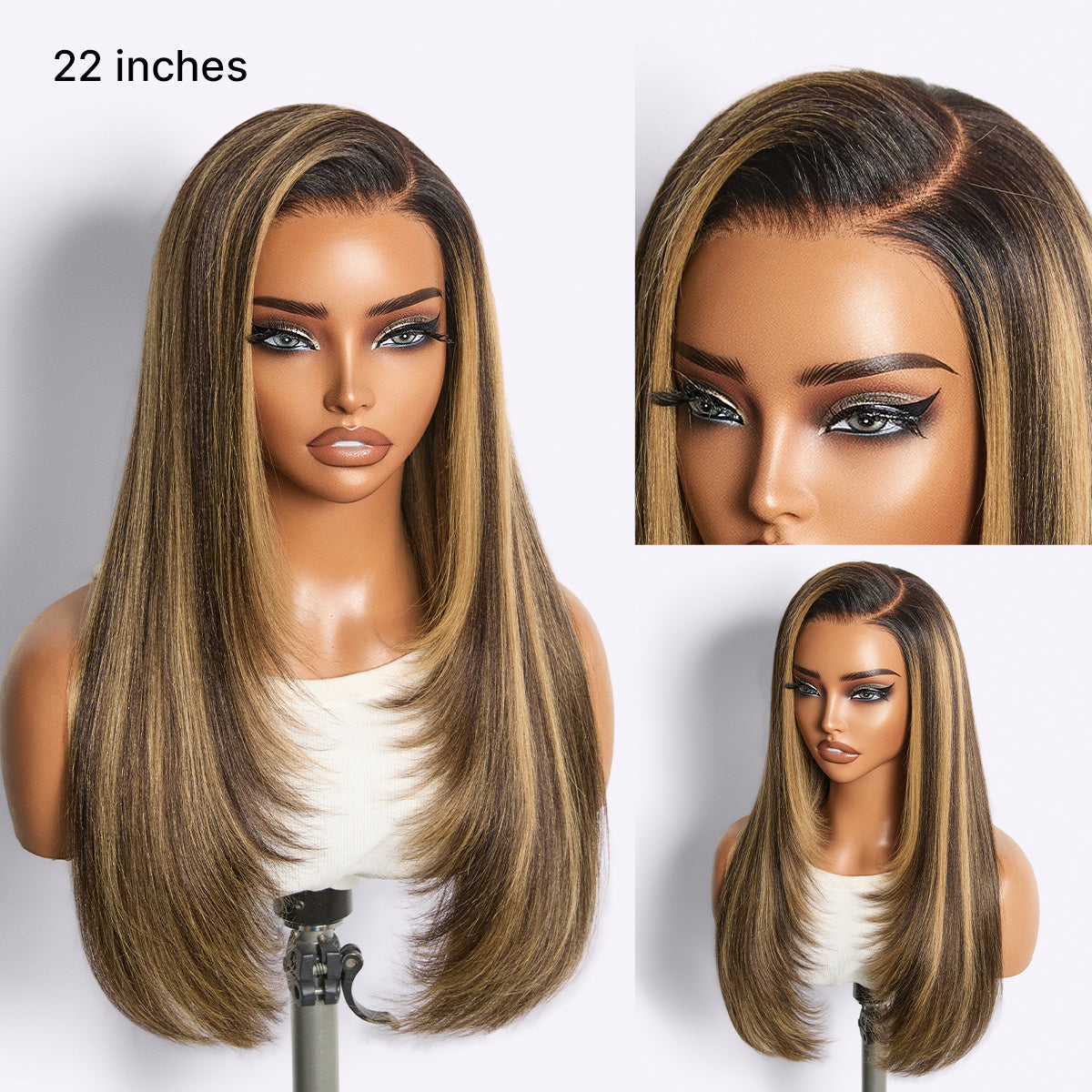 Halo Hair Style All-Day Comfort Wig 180% Density Blonde Highlight Butterfly Cut Layered Light Yaki Straight Glueless 7x6 Closure HD Lace Wig Pre-Cut Lace