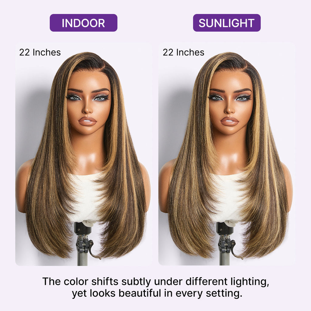 Halo Hair Style All-Day Comfort Wig 180% Density Blonde Highlight Butterfly Cut Layered Light Yaki Straight Glueless 7x6 Closure HD Lace Wig Pre-Cut Lace