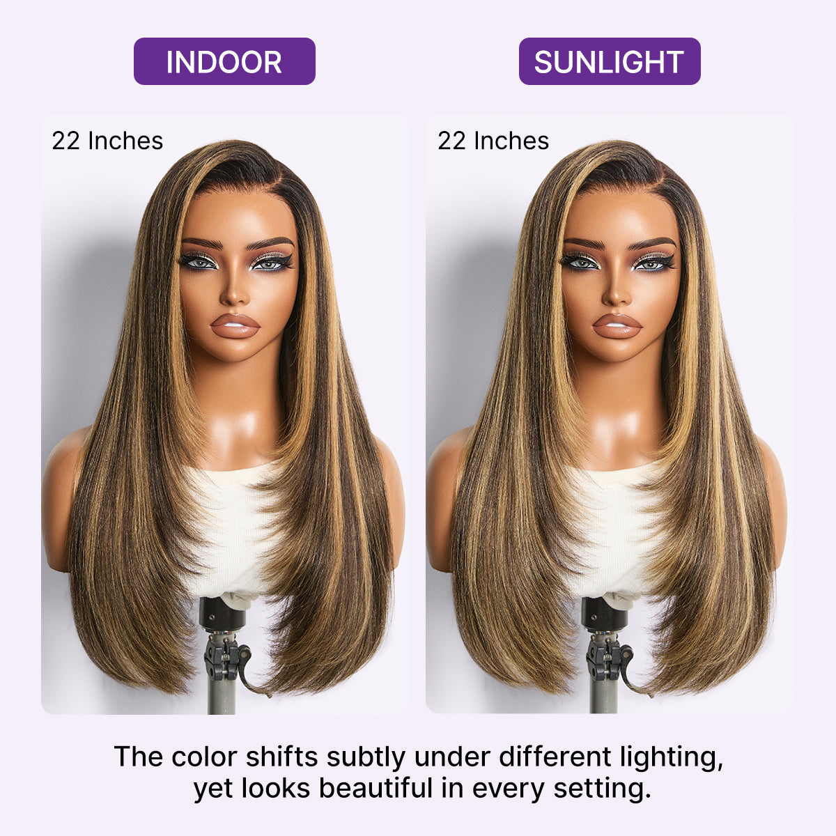 Halo Hair Style All-Day Comfort Wig 180% Density Blonde Highlight Butterfly Cut Layered Light Yaki Straight Glueless 7x6 Closure HD Lace Wig Pre-Cut Lace