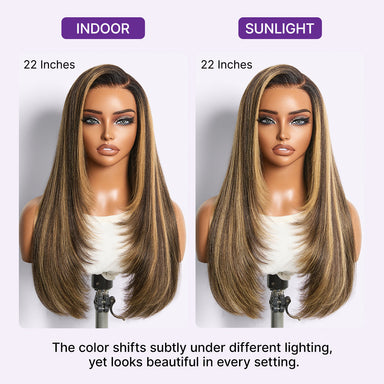 New Customers Only | Halo Hair Style All-Day Comfort Wig 180% Density Blonde Highlight Butterfly Cut Layered Light Yaki Straight Glueless 7x6 Closure HD Lace Wig Pre-Cut Lace