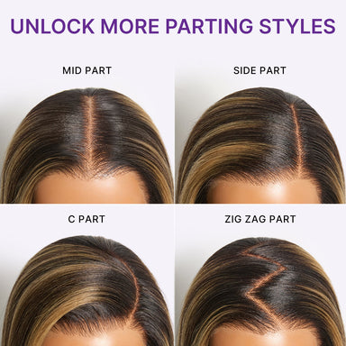 Halo Hair Style All-Day Comfort Wig 180% Density Blonde Highlight Butterfly Cut Layered Light Yaki Straight Glueless 7x6 Closure HD Lace Wig Pre-Cut Lace