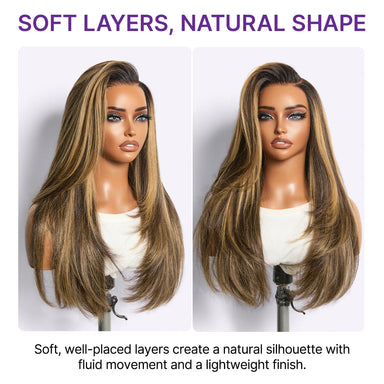 New Customers Only | Halo Hair Style All-Day Comfort Wig 180% Density Blonde Highlight Butterfly Cut Layered Light Yaki Straight Glueless 7x6 Closure HD Lace Wig Pre-Cut Lace
