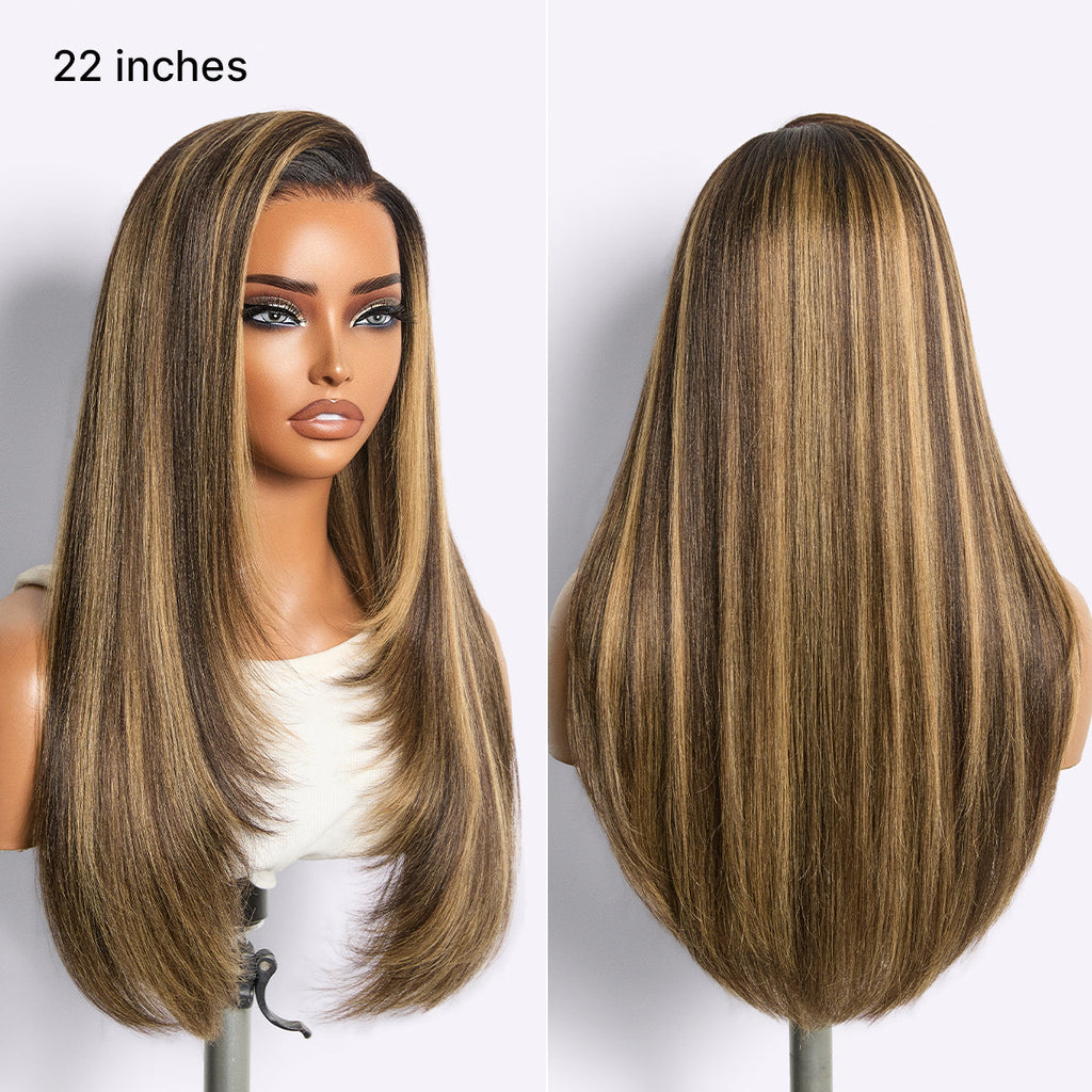 New Customers Only | Halo Hair Style All-Day Comfort Wig 180% Density Blonde Highlight Butterfly Cut Layered Light Yaki Straight Glueless 7x6 Closure HD Lace Wig Pre-Cut Lace