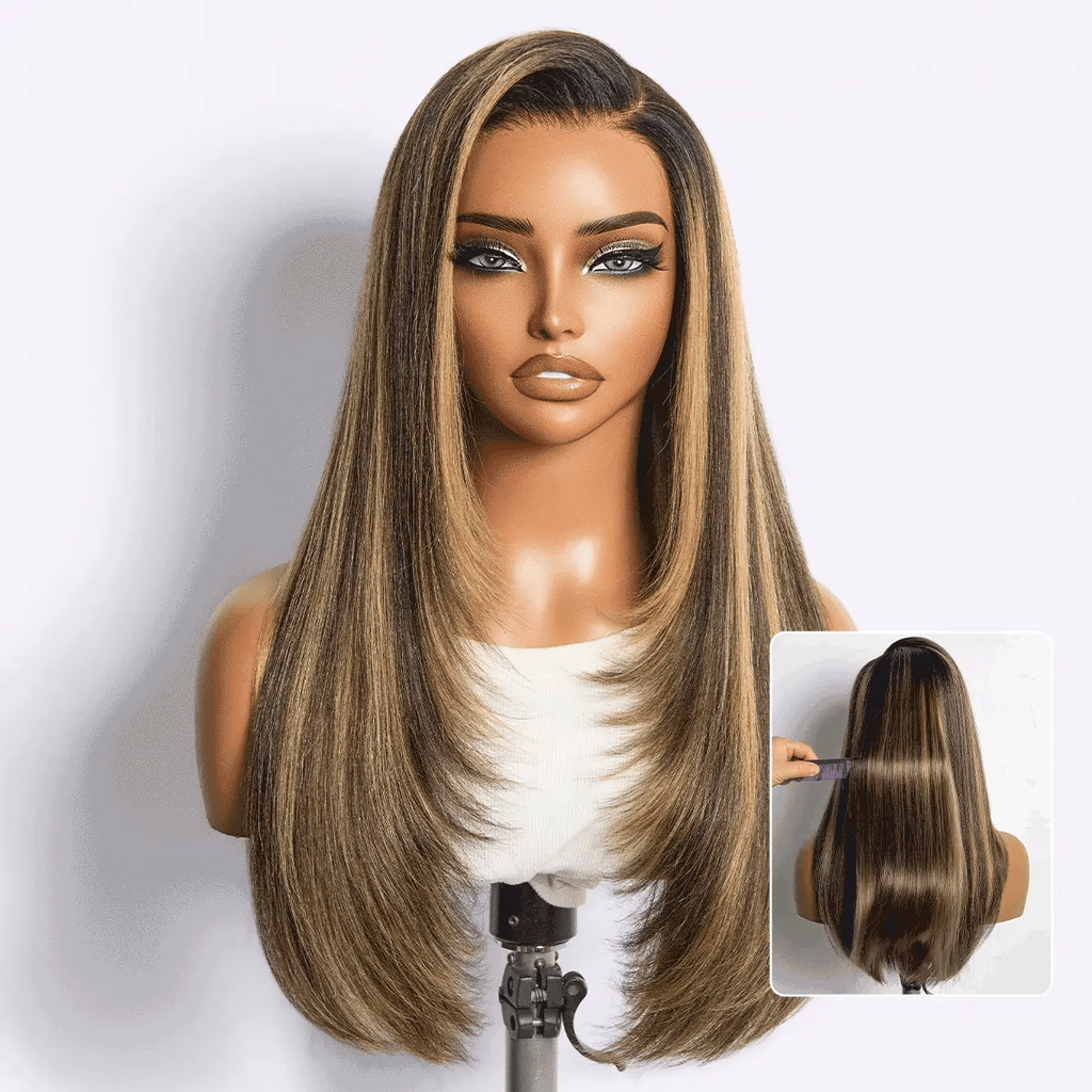 Halo Hair Style All-Day Comfort Wig 180% Density Blonde Highlight Butterfly Cut Layered Light Yaki Straight Glueless 7x6 Closure HD Lace Wig Pre-Cut Lace