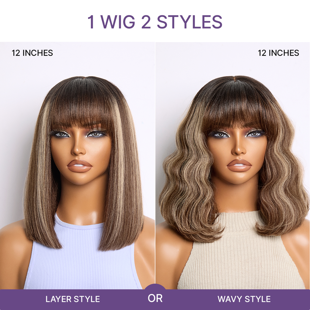 Weekly Special | Put On and Go Realistic Glueless Yaki Straight Bob with Bangs Minimalist Lace Wig 100% Human Hair