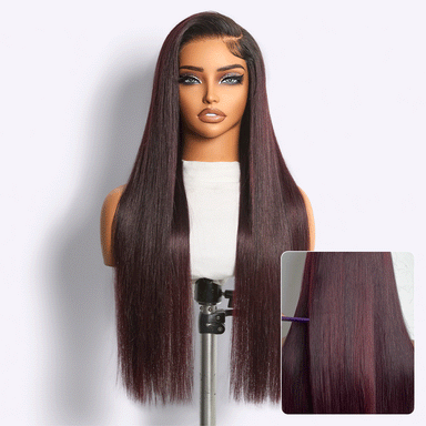 Halo Hair Style All-Day Comfort Wig 180% Density Rich Dark Plum Bone Straight with Baby Hair PartingMax Glueless 7x6 Closure HD Lace Wig Pre-Cut Lace