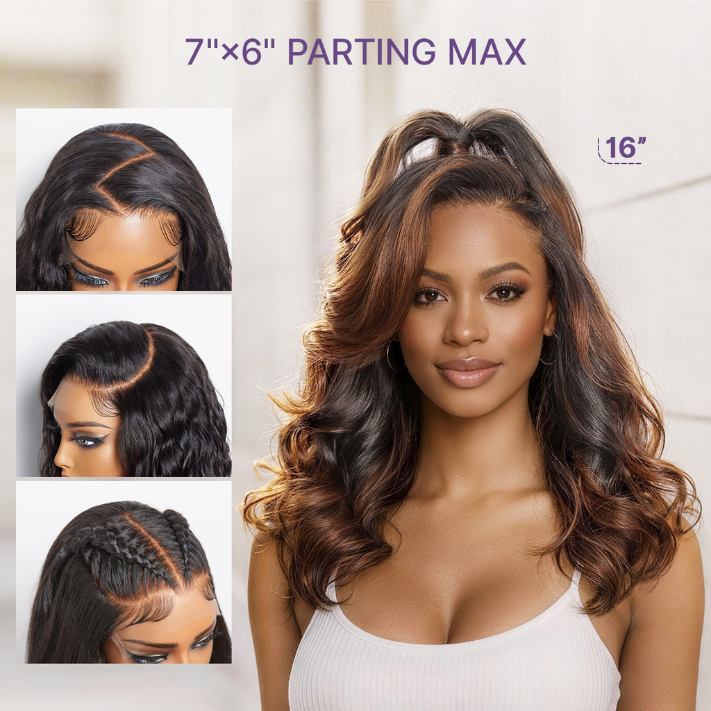 Halo Hair Style All-Day Curl Hold Premier Grade Hair Ombre Brown Body Wave CuticleAlign PartingMax Glueless 7x6 HD Lace Wig Pre-Cut Lace