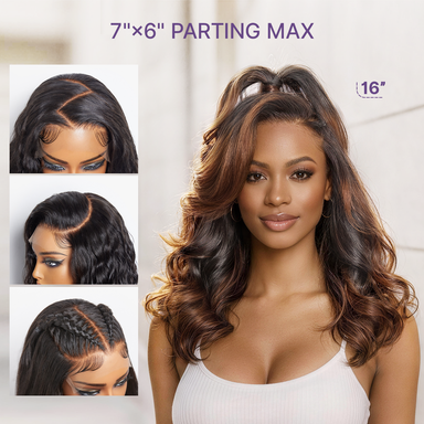 Halo Hair Style All-Day Curl Hold Premier Grade Hair Ombre Brown Body Wave CuticleAlign PartingMax Glueless 7x6 HD Lace Wig Pre-Cut Lace