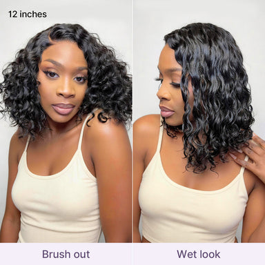 Ready to Go Blonde Highlight / Natural Black / Ombre Brown Water Wave Short Curly Bob Wig Glueless Minimalist HD Lace Wig Pre-Cut Lace