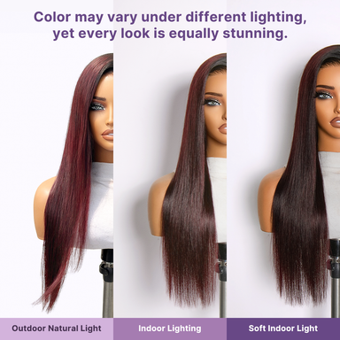 Halo Hair Style All-Day Comfort Wig 180% Density Rich Dark Plum Bone Straight with Baby Hair PartingMax Glueless 7x6 Closure HD Lace Wig Pre-Cut Lace