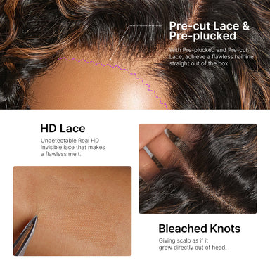 Halo Hair Style Hair-Brown Highlight Water Wave Pixie Cut Glueless Minimalist HD Lace Short Curly Wig