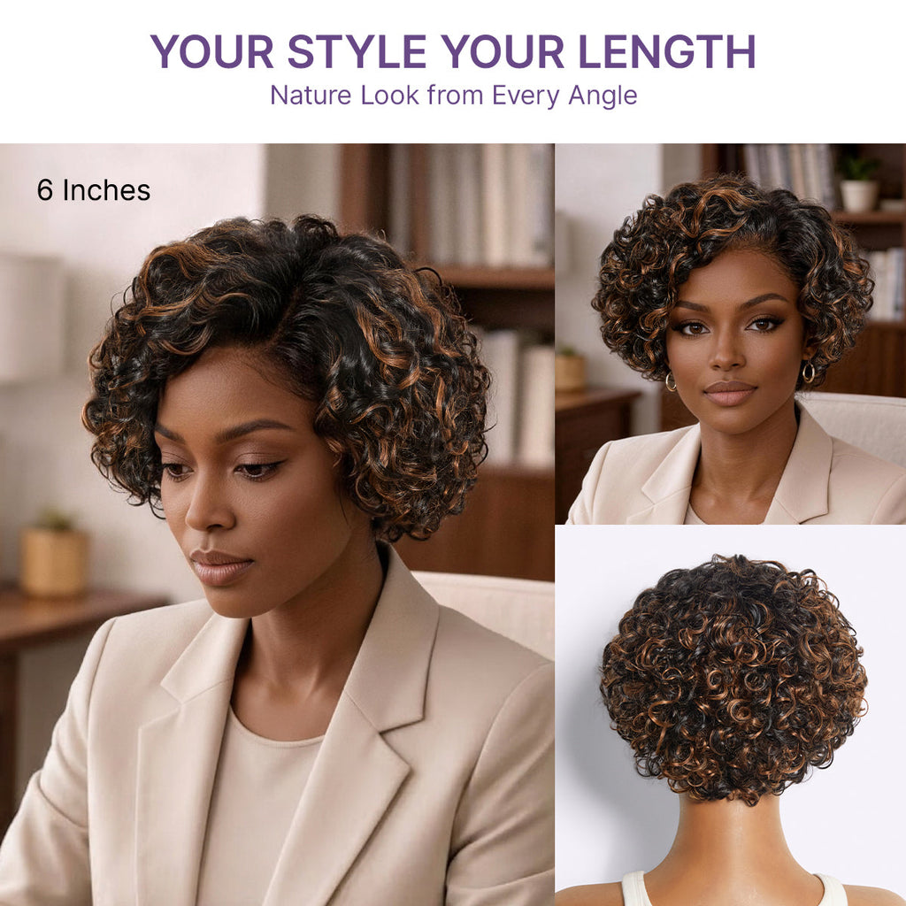 Brown Highlight Water Wave Pixie Cut Glueless Minimalist HD Lace Short Curly Wig