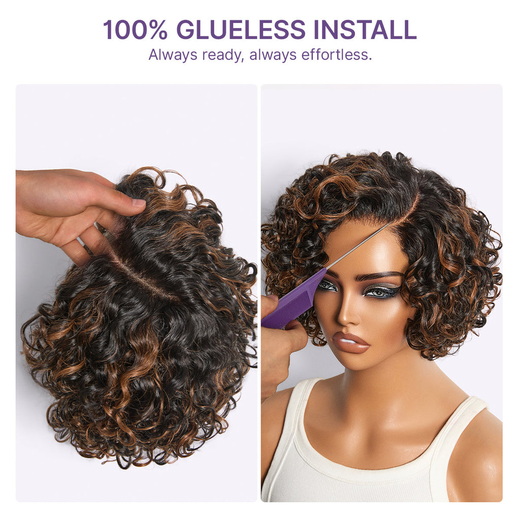 New Customers Only | Brown Highlight Water Wave Pixie Cut Glueless Minimalist HD Lace Short Curly Wig