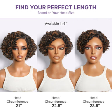 New Customers Only | Brown Highlight Water Wave Pixie Cut Glueless Minimalist HD Lace Short Curly Wig