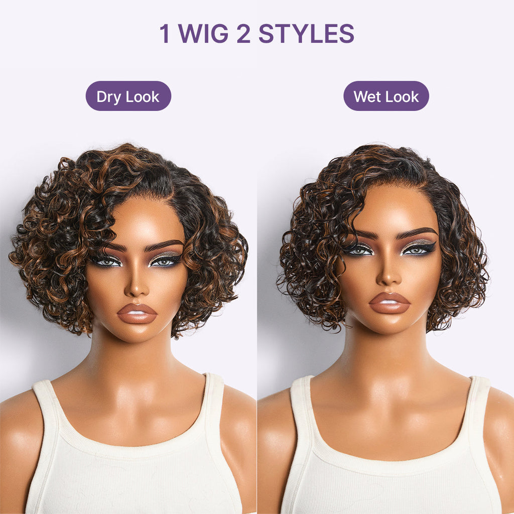New Customers Only | Brown Highlight Water Wave Pixie Cut Glueless Minimalist HD Lace Short Curly Wig