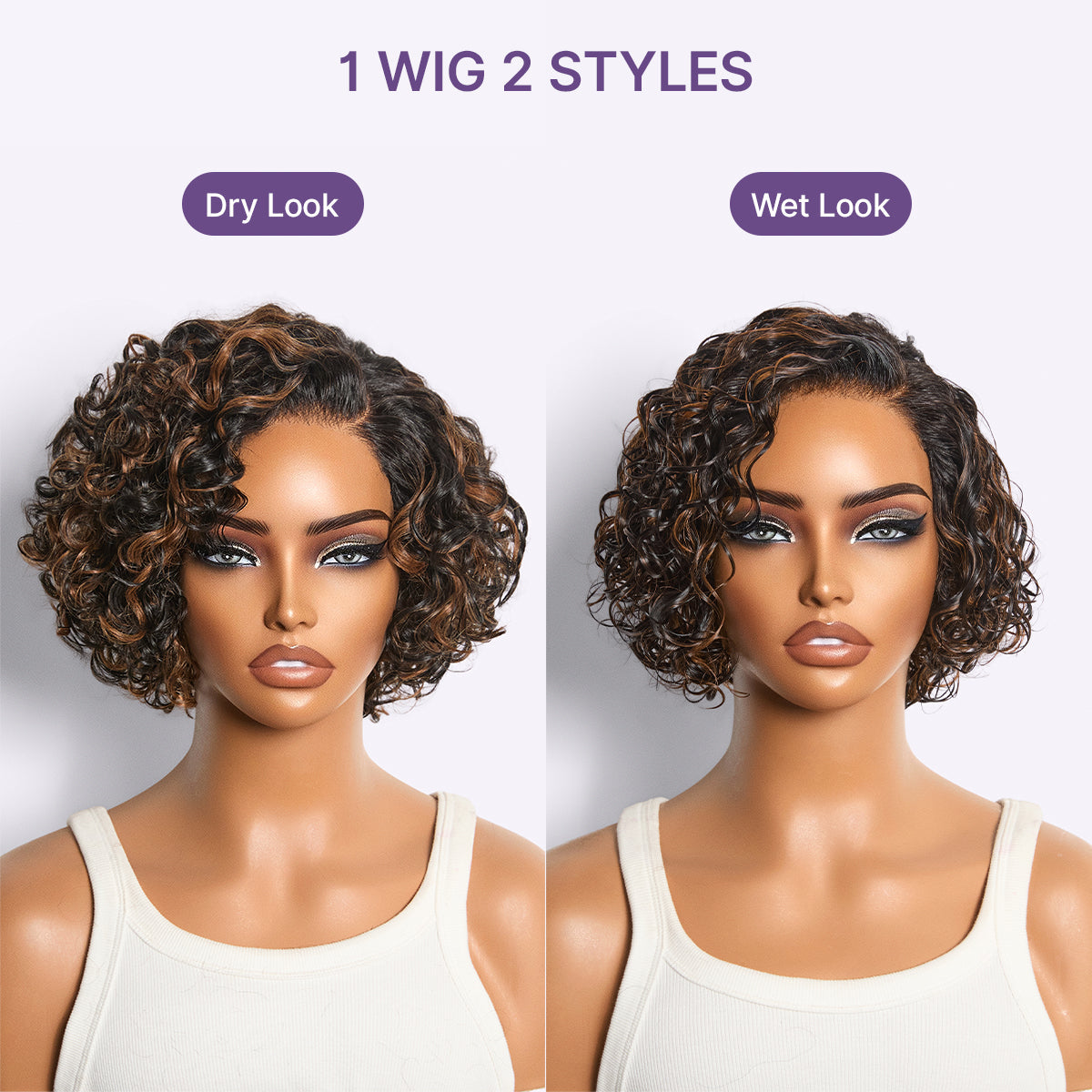 Halo Hair Style Hair-Brown Highlight Water Wave Pixie Cut Glueless Minimalist HD Lace Short Curly Wig