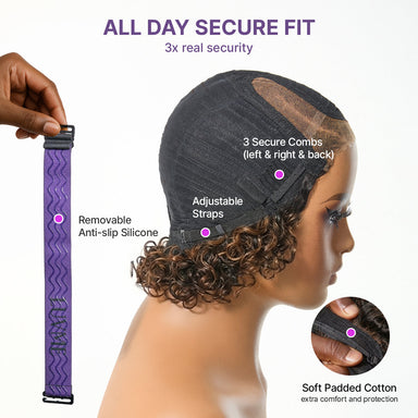 Halo Hair Style Hair-Brown Highlight Water Wave Pixie Cut Glueless Minimalist HD Lace Short Curly Wig