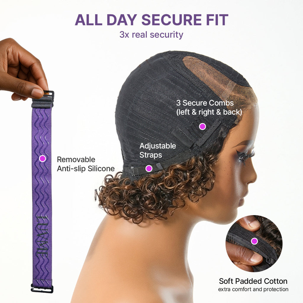 New Customers Only | Brown Highlight Water Wave Pixie Cut Glueless Minimalist HD Lace Short Curly Wig