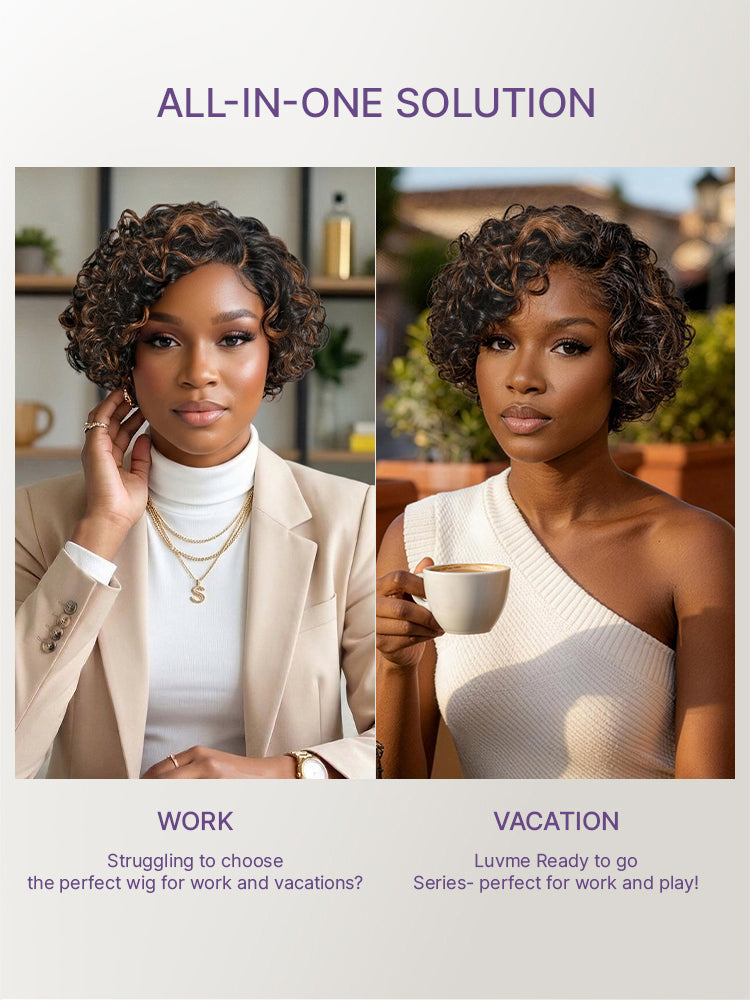 Brown Highlight Water Wave Pixie Cut Glueless Minimalist HD Lace Short Curly Wig-26