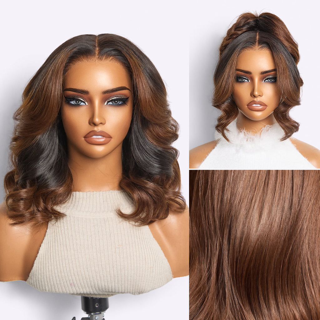 Halo Hair Style All-Day Curl Hold Premier Grade Hair Ombre Brown Body Wave CuticleAlign PartingMax Glueless 7x6 HD Lace Wig Pre-Cut Lace