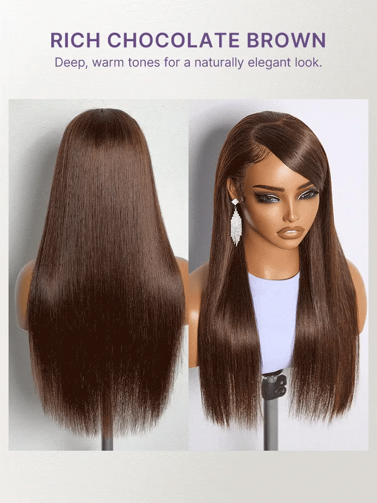 Rich Chocolate Brown Silky Straight 180% Density Glueless 13x4 Lace Frontal Wig Pre-Cut Lace-29