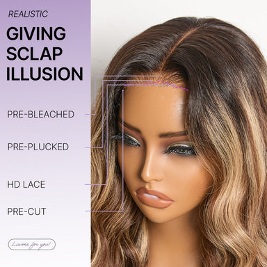 Halo Hair Style All-Day Comfort Wig 180% Density PartingMax Glueless 7x6 Closure HD Lace Blonde Highlight Loose Wave Wig Pre-Cut Lace