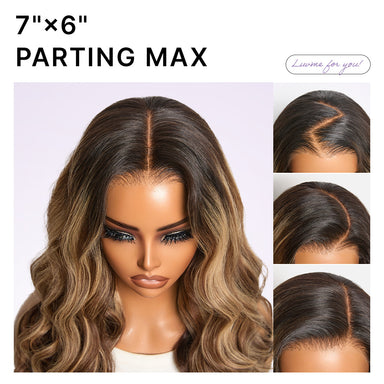 Halo Hair Style All-Day Comfort Wig 180% Density PartingMax Glueless 7x6 Closure HD Lace Blonde Highlight Loose Wave Wig Pre-Cut Lace