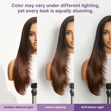 Halo Hair Style All-Day Comfort Wig 180% Density Ombre Brown Butterfly Cut Layered Light Yaki Straight Glueless 7x6 Closure HD Lace Human Hair Wig Pre-Cut Lace