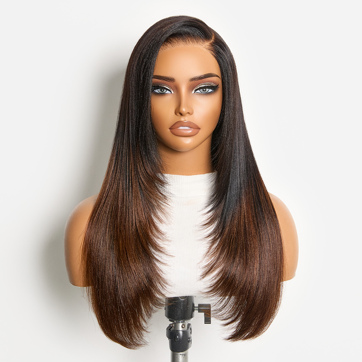 Halo Hair Style All-Day Comfort Wig 180% Density Ombre Brown Butterfly Cut Layered Light Yaki Straight Glueless 7x6 Closure HD Lace Human Hair Wig Pre-Cut Lace