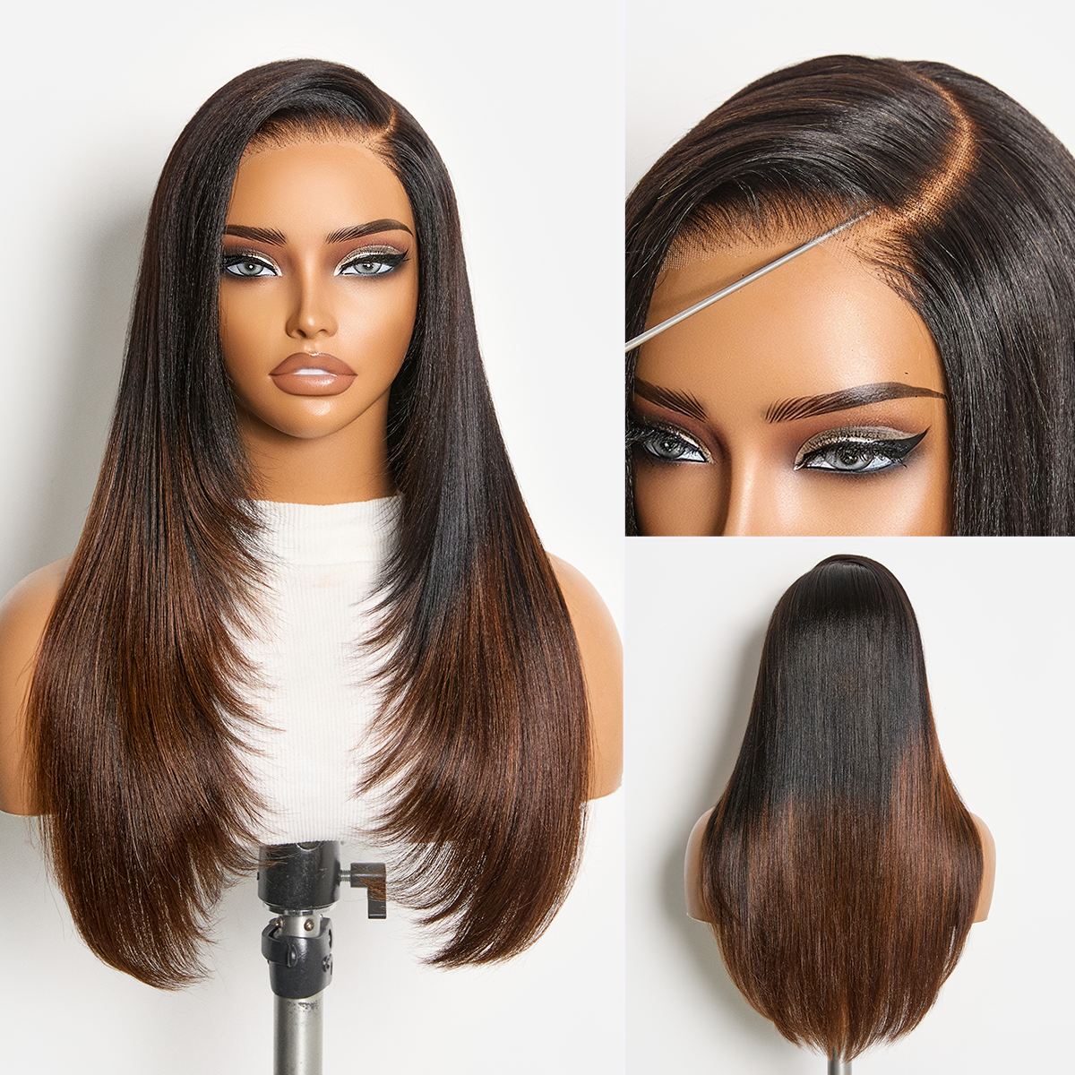 Halo Hair Style All-Day Comfort Wig 180% Density Ombre Brown Butterfly Cut Layered Light Yaki Straight Glueless 7x6 Closure HD Lace Human Hair Wig Pre-Cut Lace