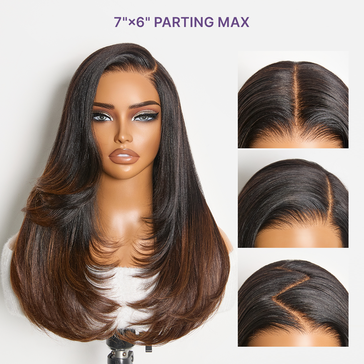 Halo Hair Style All-Day Comfort Wig 180% Density Ombre Brown Butterfly Cut Layered Light Yaki Straight Glueless 7x6 Closure HD Lace Human Hair Wig Pre-Cut Lace