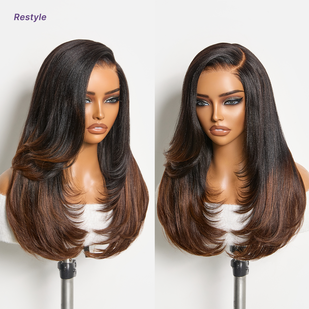 Halo Hair Style All-Day Comfort Wig 180% Density Ombre Brown Butterfly Cut Layered Light Yaki Straight Glueless 7x6 Closure HD Lace Human Hair Wig Pre-Cut Lace
