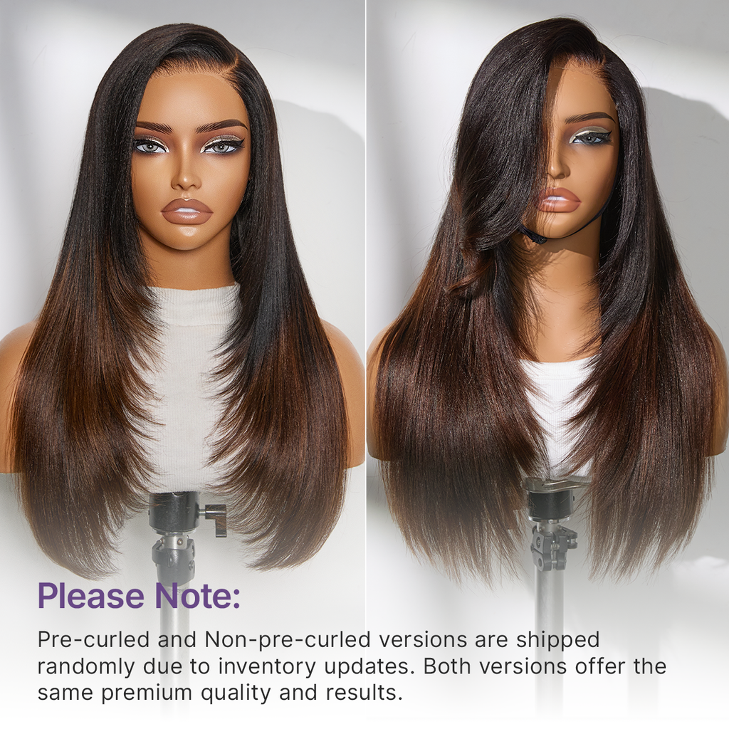 Halo Hair Style All-Day Comfort Wig 180% Density Ombre Brown Butterfly Cut Layered Light Yaki Straight Glueless 7x6 Closure HD Lace Human Hair Wig Pre-Cut Lace