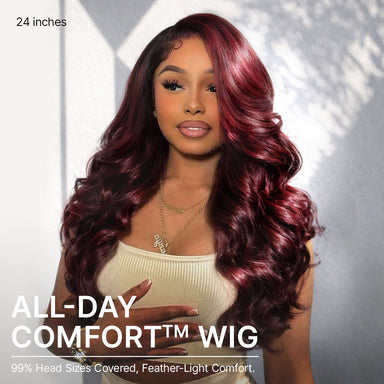 Halo Hair Style All-Day Comfort Wig 180% Density Rich Dark Plum Loose Body Wave PartingMax Glueless 7x6 Closure HD Lace Wig Pre-Cut Lace