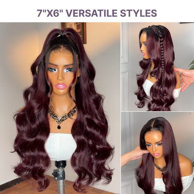 Halo Hair Style All-Day Comfort Wig 180% Density Rich Dark Plum Loose Body Wave PartingMax Glueless 7x6 Closure HD Lace Wig Pre-Cut Lace