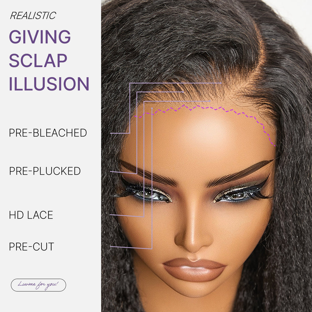 Halo Hair Style All-Day Comfort Wig PartingMax Natural Black Kinky Straight to Curly 7x6 Closure HD Lace Glueless Wig Pre Cut Lace