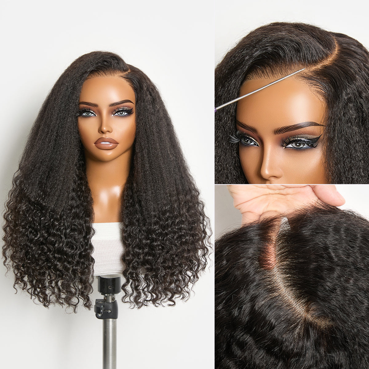 Halo Hair Style All-Day Comfort Wig PartingMax Natural Black Kinky Straight to Curly 7x6 Closure HD Lace Glueless Wig Pre Cut Lace