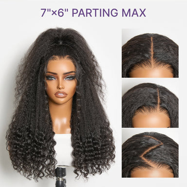 Halo Hair Style All-Day Comfort Wig PartingMax Natural Black Kinky Straight to Curly 7x6 Closure HD Lace Glueless Wig Pre Cut Lace