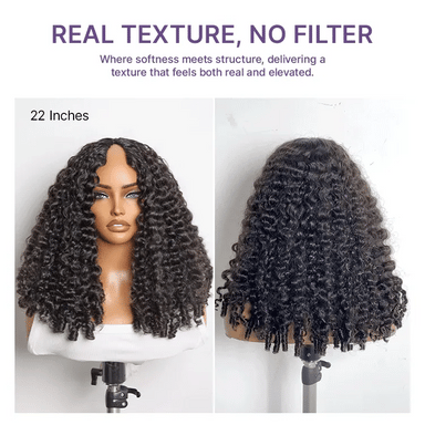 True Scalp V Part 180% Density Burmese Curly Finger Coil Ends Glueless Human Hair Wig with Flexi-Fit Drawstring