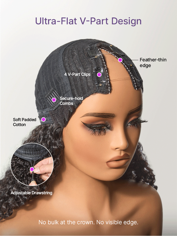 True Scalp V Part 180% Density Burmese Curly Finger Coil Ends Glueless Human Hair Wig with Flexi-Fit Drawstring-13