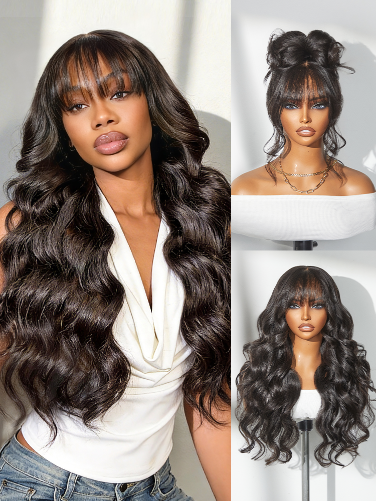Halo Hair Style All-Day Comfort Wig 180% Density Loose Body Wave Glueless 7x6 Closure HD Lace Human Hair Wig with Bangs Pre-Cut Lace