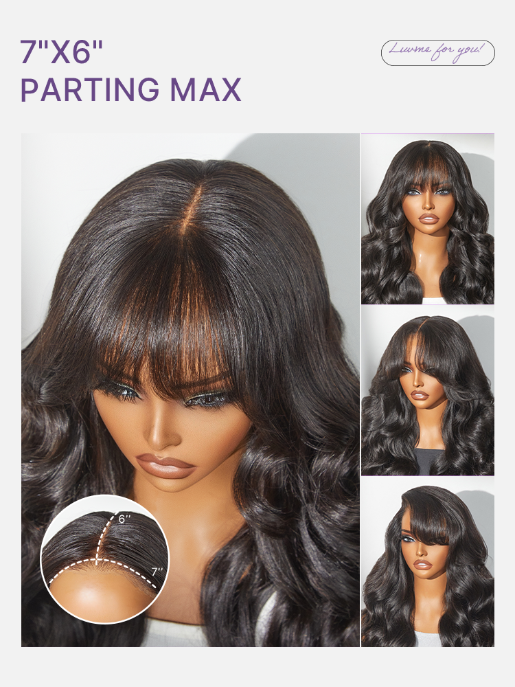 Halo Hair Style All-Day Comfort Wig 180% Density Loose Body Wave Glueless 7x6 Closure HD Lace Human Hair Wig with Bangs Pre-Cut Lace