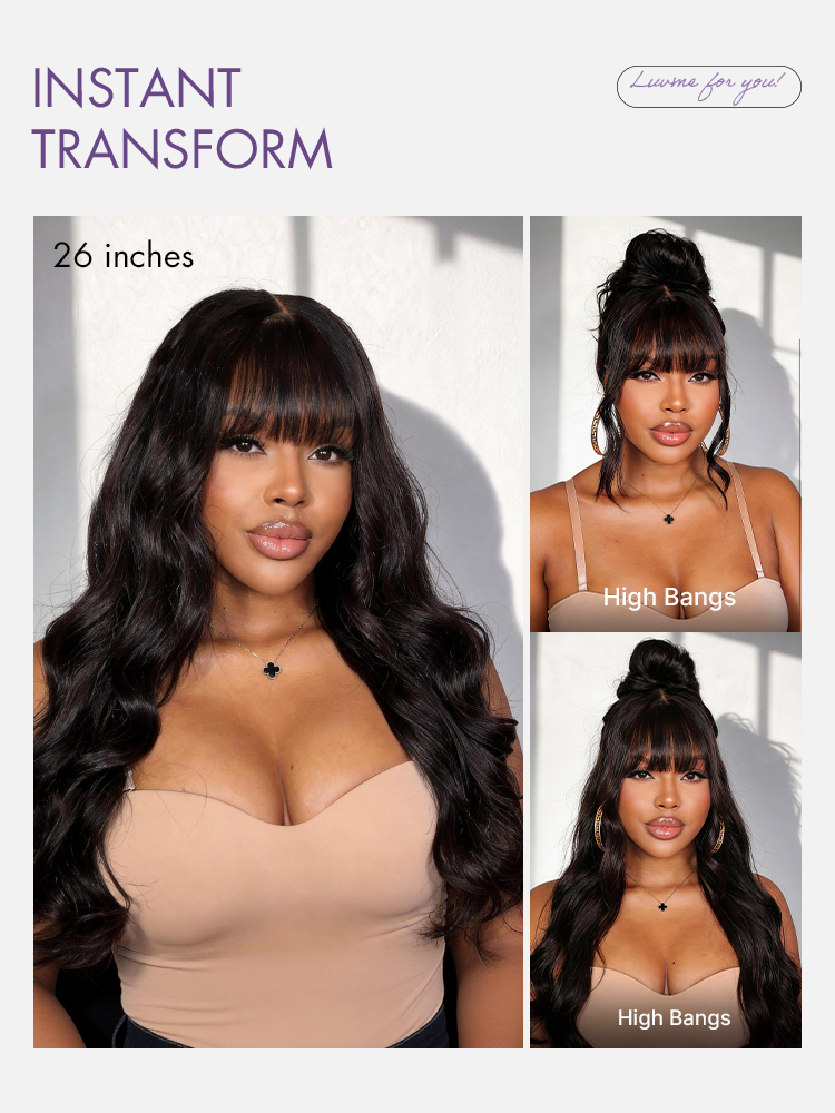 Halo Hair Style All-Day Comfort Wig 180% Density Loose Body Wave Glueless 7x6 Closure HD Lace Human Hair Wig with Bangs Pre-Cut Lace